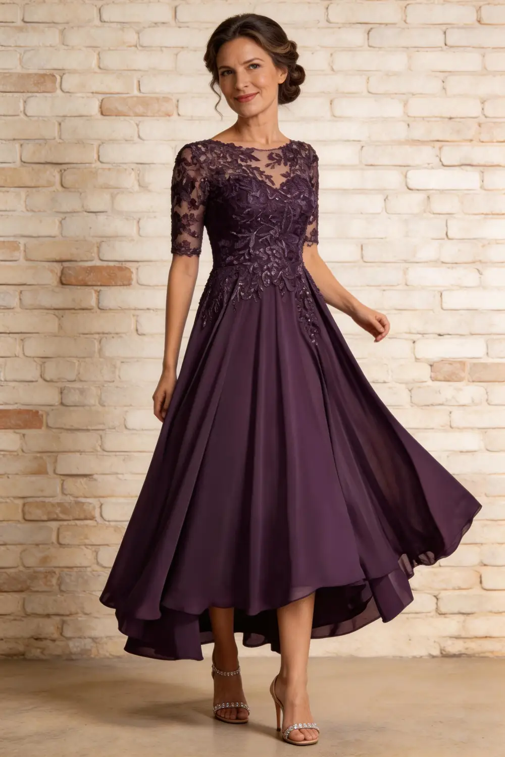 Plum Purple Lace Chiffon High Low Mother Of The Bride Dress (ZD17164)
