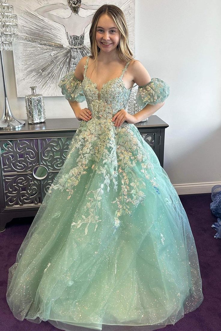A-Line Appliques Plunge V Long Prom Dress with Detachable Sleeves - View 2 | FashionDia