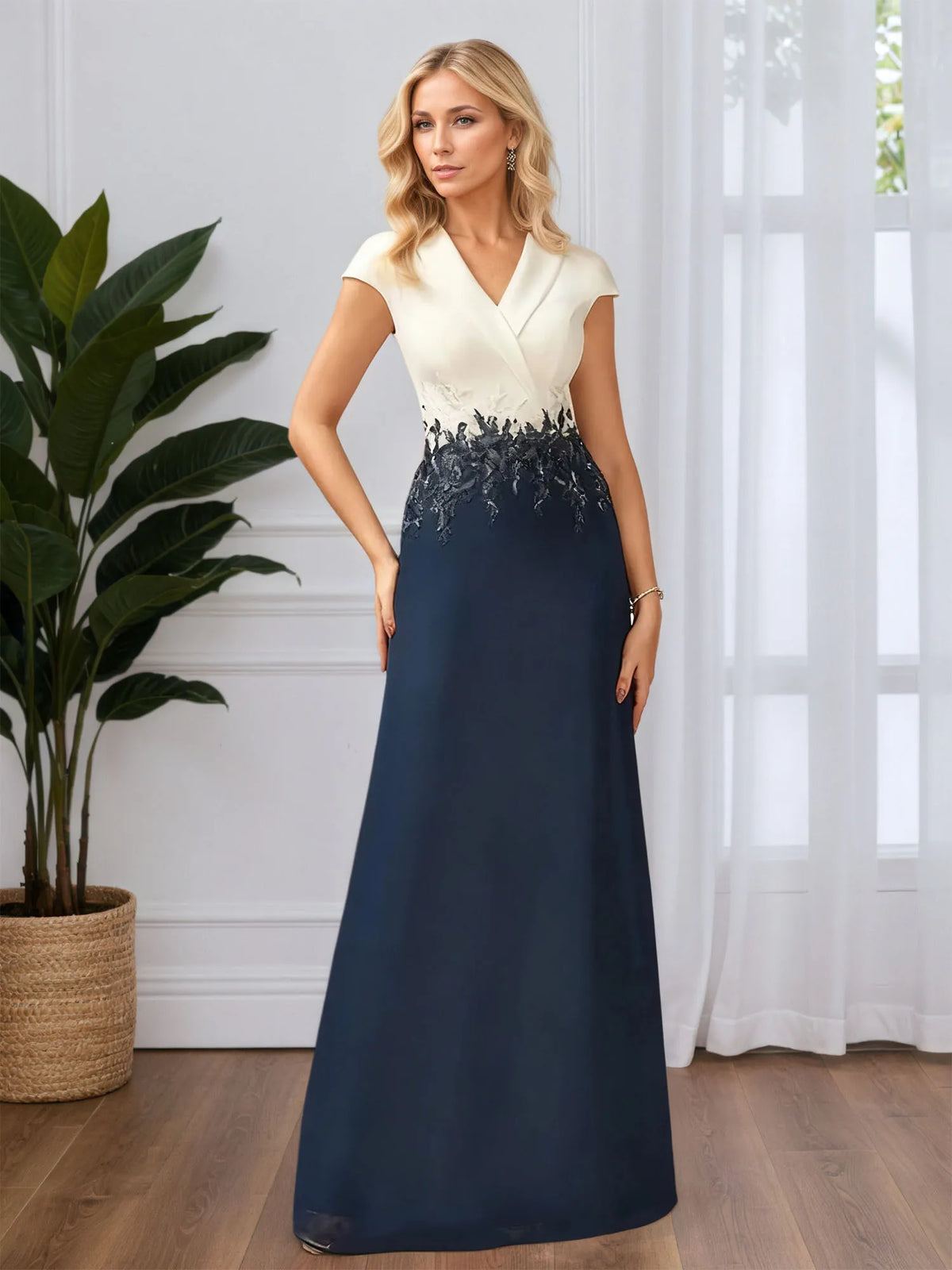 A-Line V-Neck Floor-Length Chiffon Evening Dress With Lace Appliques - FashionDia