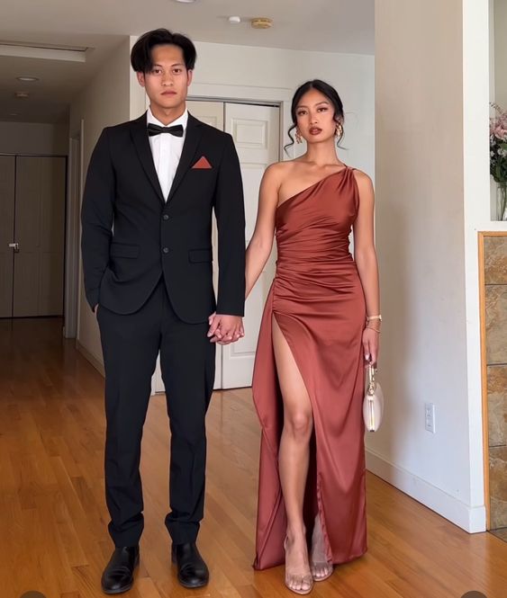Rust One-Shoulder sexy split evening dress - View 2 | FashionDia