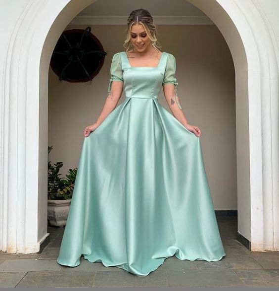A-line Square Neck Puff Sleeve Long Prom Dress,Wedding Guest Outfit - FashionDia