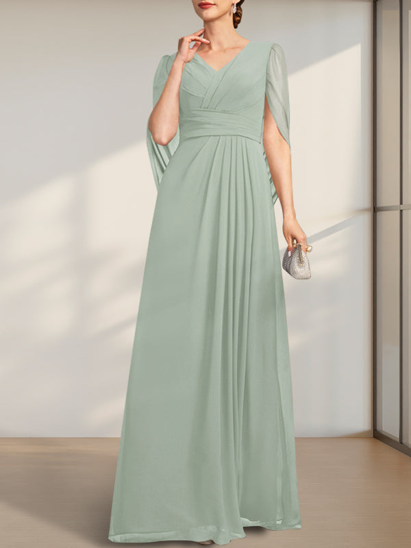 A-line V-Neck Floor-Length Chiffon Mother of the Bride Dress With Pleated - View 6 | FashionDia