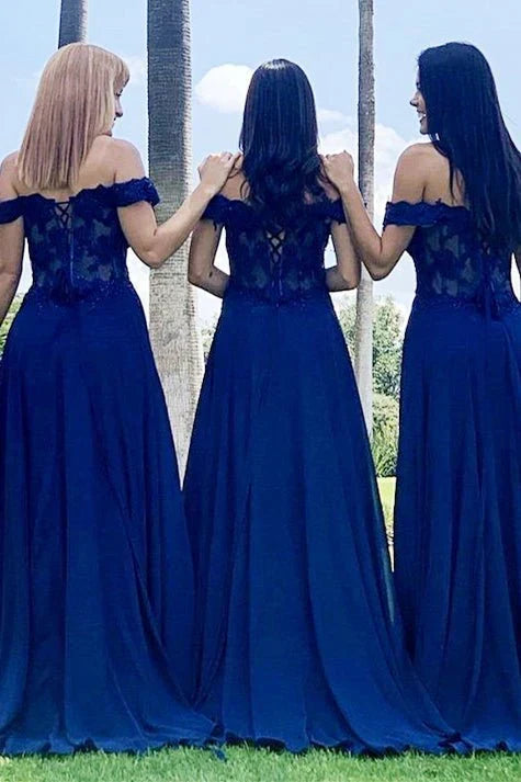 Indigo Lace Off-the-Shoulder A-Line Long Bridesmaid Dress - View 2 | FashionDia