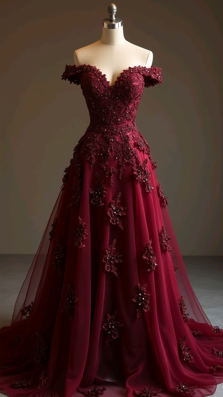 A Line Burgundy Tulle Lace Long Off Shoulder Prom Dress Evening Dresses
