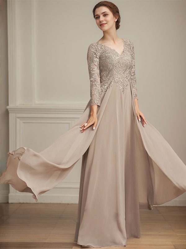 A-line V-Neck Floor-Length Lace Chiffon Mother of the Bride Dress With Sequins - View 2 | FashionDia