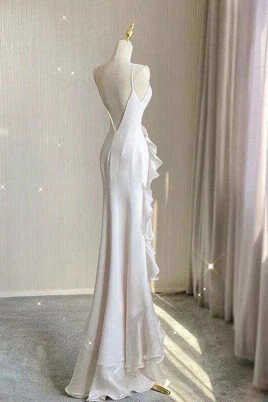 White Sheath Halter Backless Wedding Dress - View 3 | FashionDia