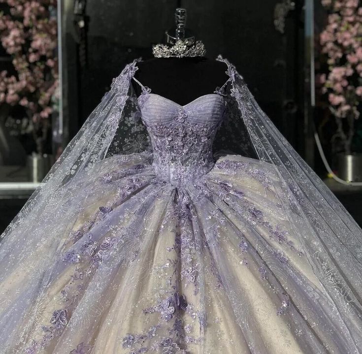Light Purple Quinceanera Dressess with Cape Luxury Butterfly Applique Sweet 16 Ball Gown - FashionDia