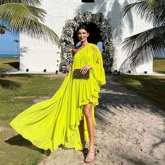 Elegant Long One-Shoulder Chiffon Evening Dresses Full Sleeves With Slit A-Line Floor-Length Prom Formal Dress - FashionDia