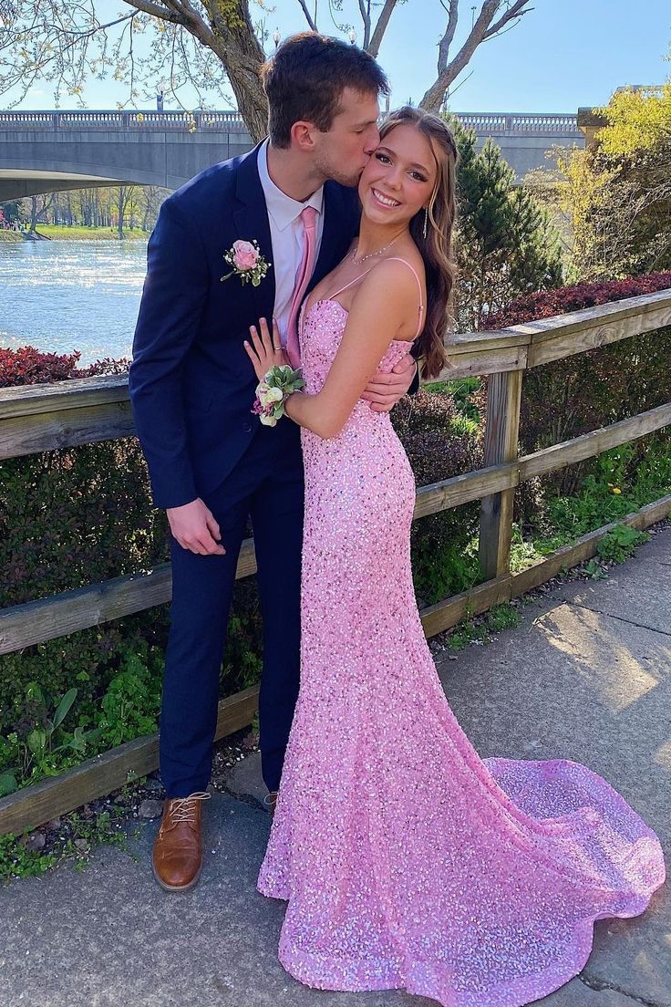 Straps Pink Sequin Mermaid Long Formal Dress - View 2 | VelvetHem