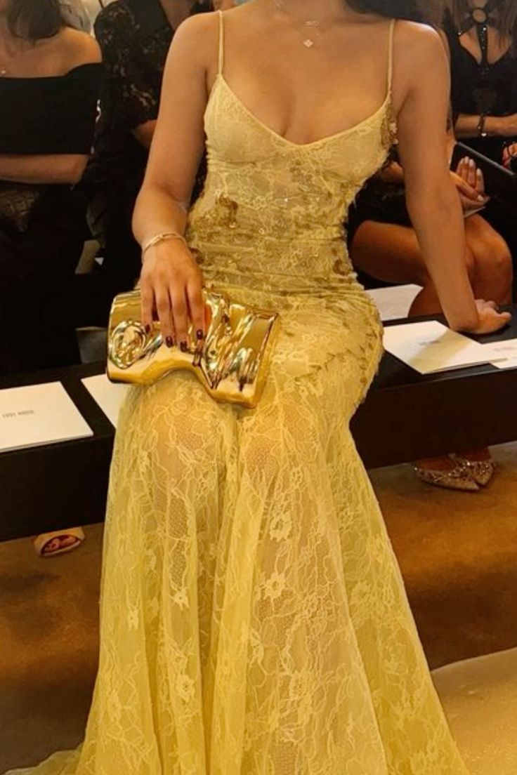 Gold Lace Spaghetti Straps Sexy Long Formal Dress Evening Party Dresses - View 3 | FashionDia