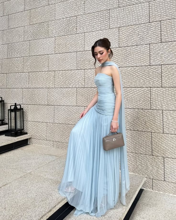 Light Sky Blue Long Prom Dress Evening Party Dresses With Scarf - FashionDia