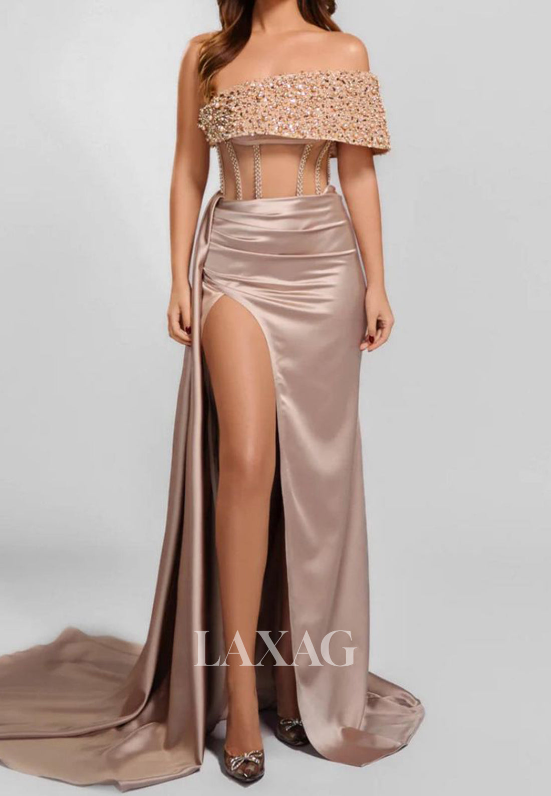 Off-Shoulder Tube Top Beaded Pleated Satin Party Gowns Sleeveless High Slit Mermaid Prom Dress