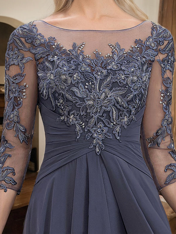 A-line Scoop Illusion Floor-Length Lace Chiffon Mother of the Bride Dress With Cascading Ruffles