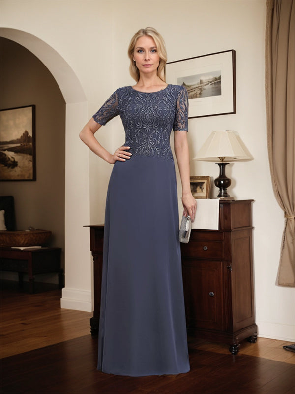 A-line Scoop Floor-Length Lace Chiffon Mother of the Bride Dress With Sequins - View 2 | FashionDia