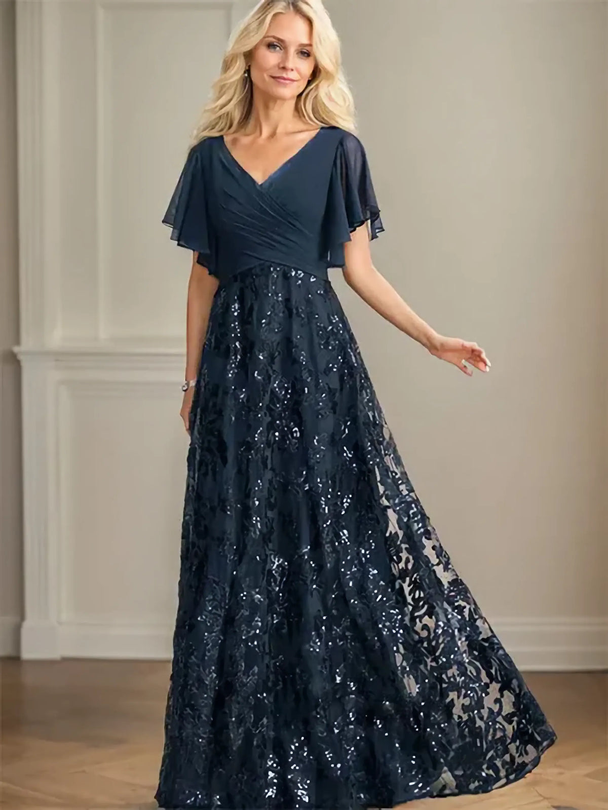 A-line V-Neck Floor-Length Lace Sequin Chiffon Mother of the Bride Dress With Pleated - FashionDia