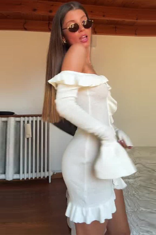 Ruffled Off-Shoulder Chic Bodycon Mini Sweater Dress - View 3 | VelvetHem