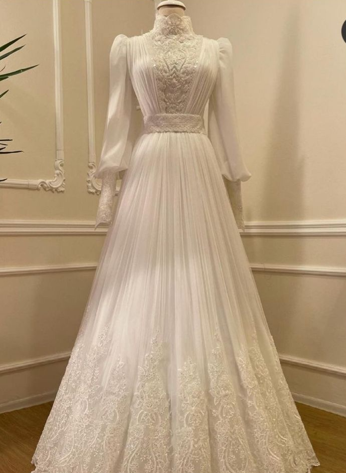 Vintage High Neck Long Sleeves Wedding Dress Modest Bridal Dress fg7479