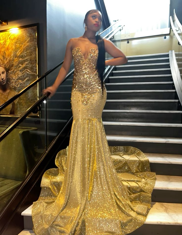 Gold Mermaid Sparkly Long Prom Dresses Formal Evening Dress - VelvetHem