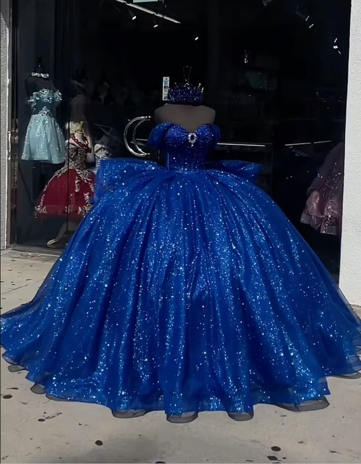 Royal Blue Quinceanera Dresses Off-the-Shoulder Shinny Tulle Sweet 16 - View 2 | FashionDia