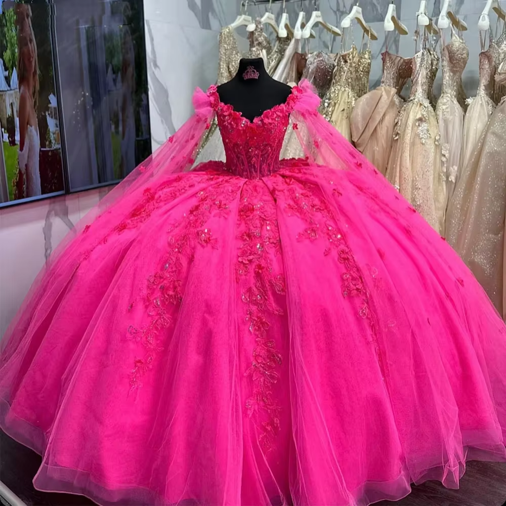 3D Flower Appliques Quinceanera Dresses Luxury Beads Cape Sleeve Prom Ball Gowns Puffy Princess Dress - FashionDia