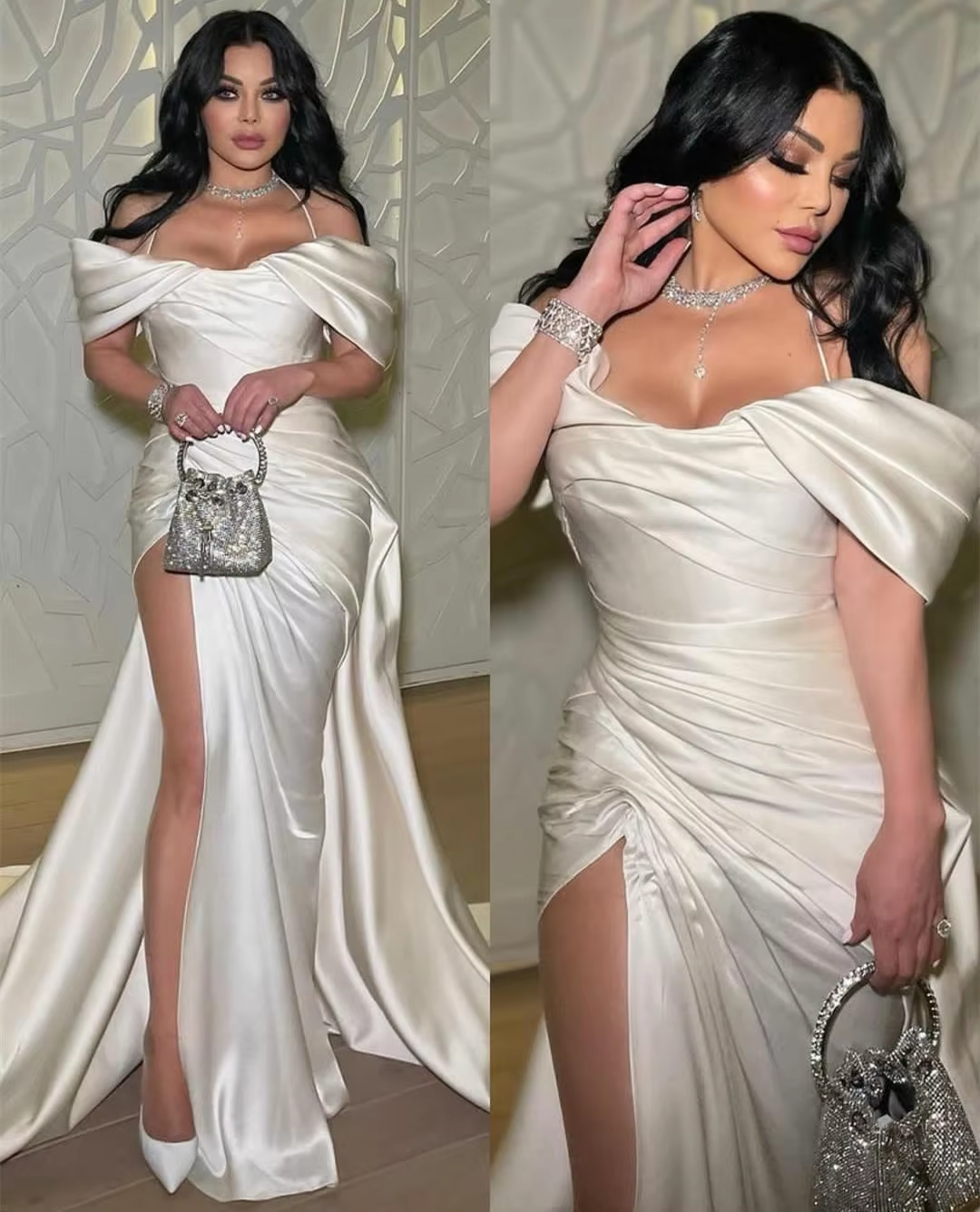 Vintage long satin pleated dress, elegant evening dress - View 7 | FashionDia
