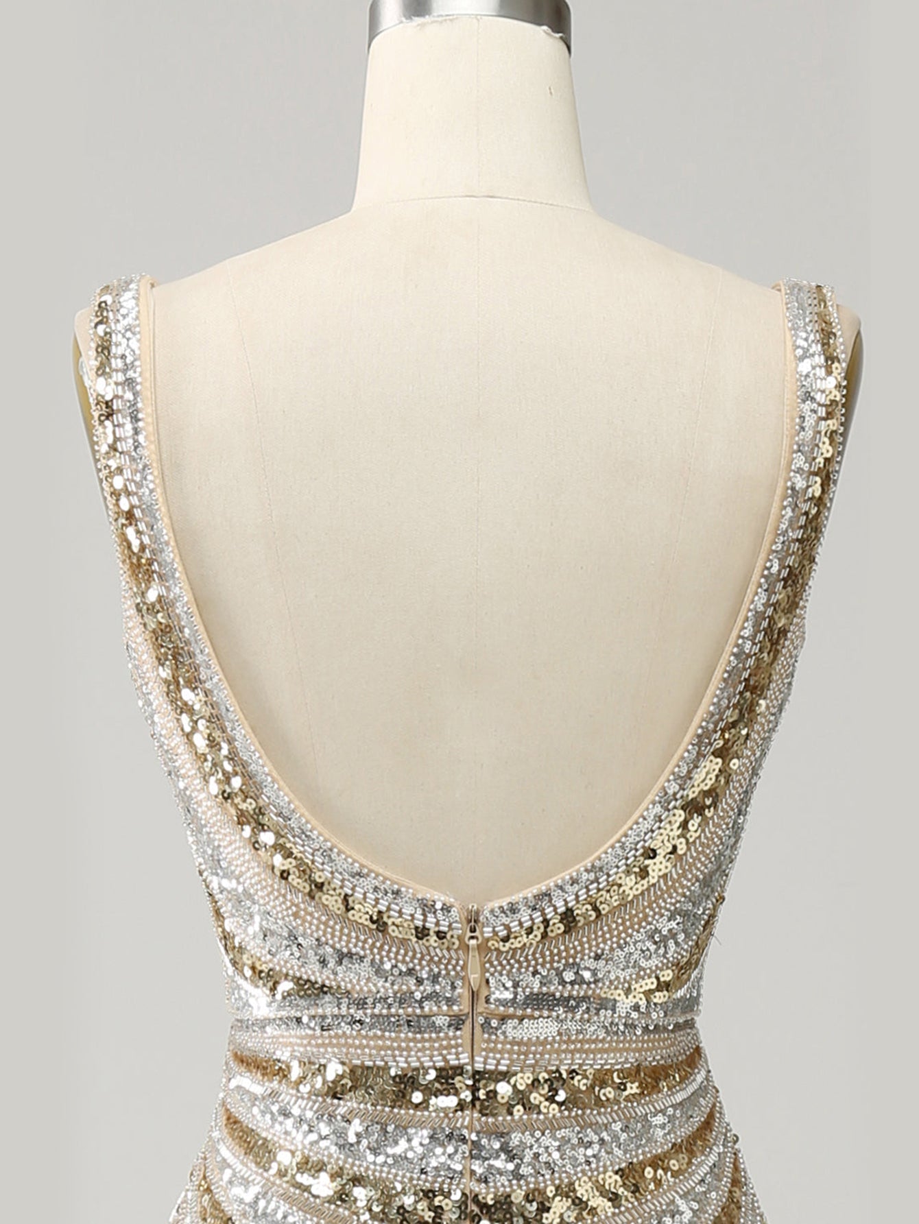 Golden Deep V Neck Stripes Sleeveless Long Prom Dress with Slit - Fashionpara