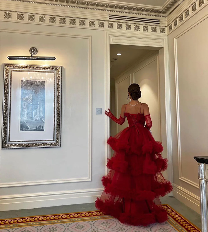 Red Ruffled Tiered Tulle Ball Gown Sweetheart Spaghetti Straps Ruffled A-Line Evening Gown - View 2 | FashionDia