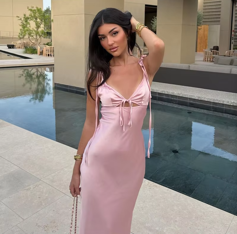 Elegant Satin Maxi Dress, Sexy Party Dress - View 3 | FashionDia