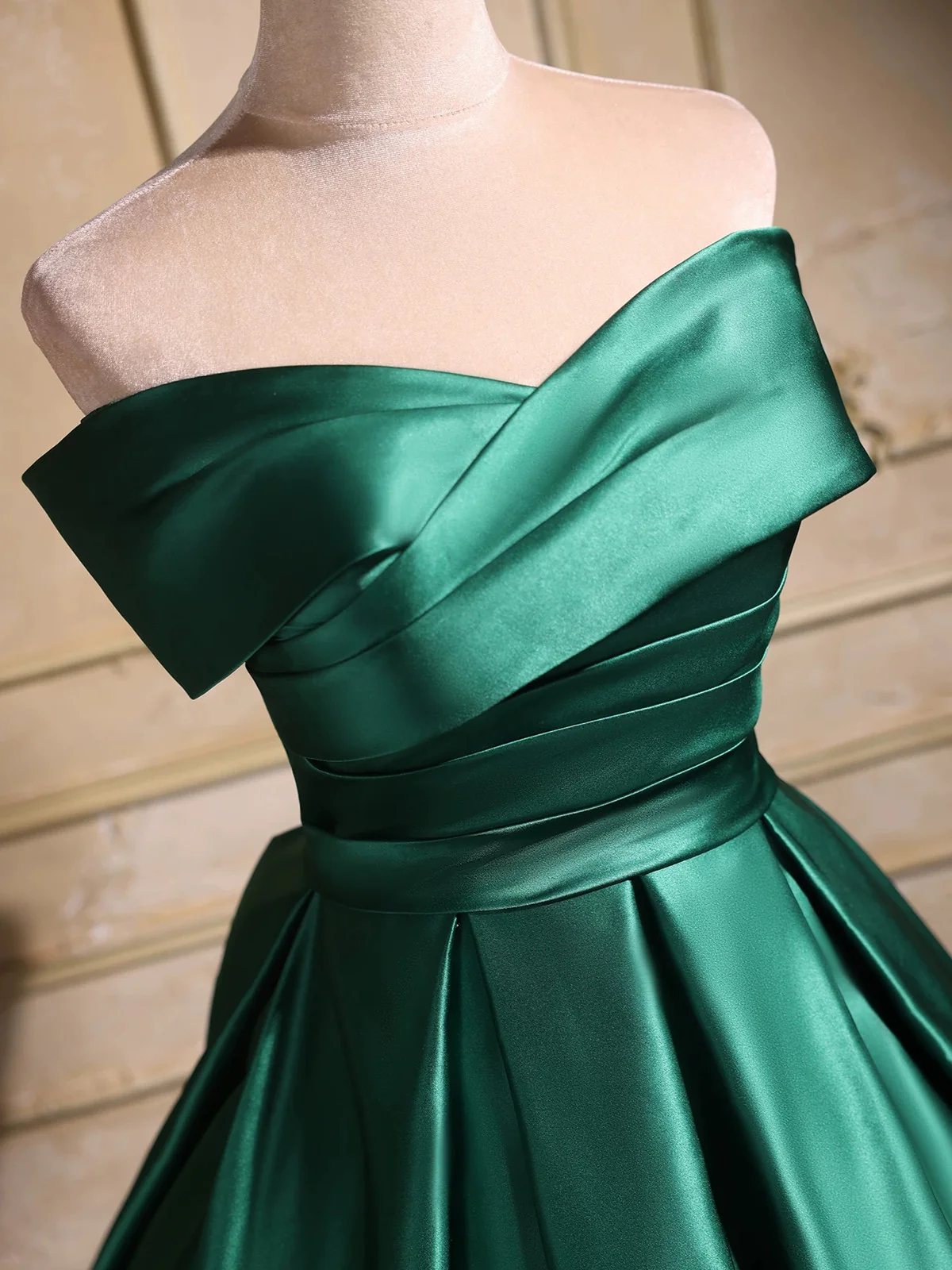 Elegant Emerald Green Satin Off-Shoulder Prom Dress, Long A-Line Formal Dress - View 2 | VelvetHem