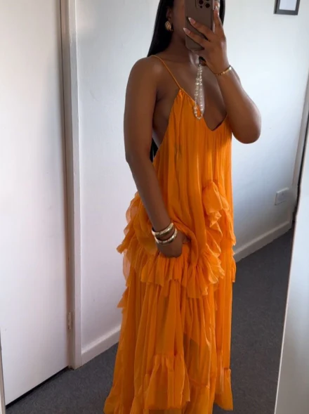 Spaghetti Straps Orange Ruffle Wedding Guest Dress