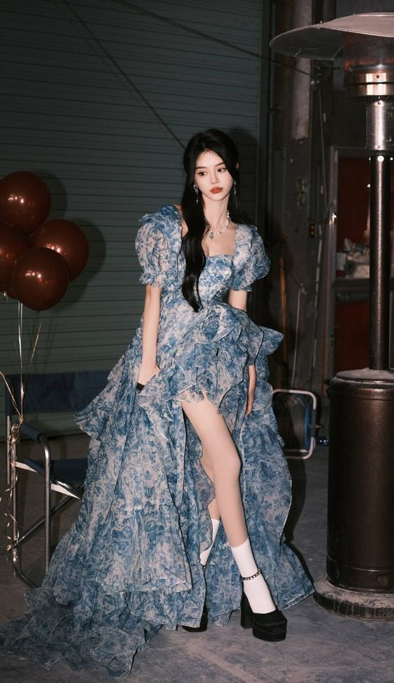Beautiful High-Low Blue Chiffon Floral Prom Dress Fairy Long Evening Dress - FashionDia
