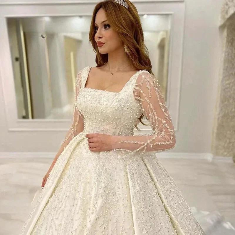 Luxury Wedding Dress Embroidered Lace Beading With Princess Ball Gown Square Collar Fullsleeve Bride Button Vestido De Novia (ZD13486) - View 2 | VelvetHem