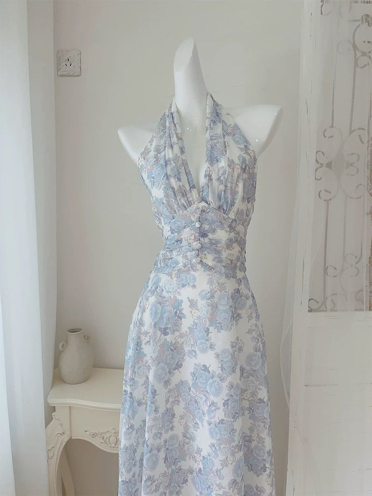 Sexy Chiffon Print Floral Long Prom Dress Halter V-Neck Party Evening Gown - View 2 | FashionDia