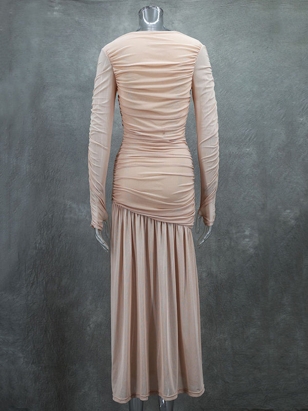 Long Sleeves Skinny Pleated See-Through Solid Color Split-Joint Round-Neck Evening Dresses Maxi Dresses - View 3 | VelvetHem