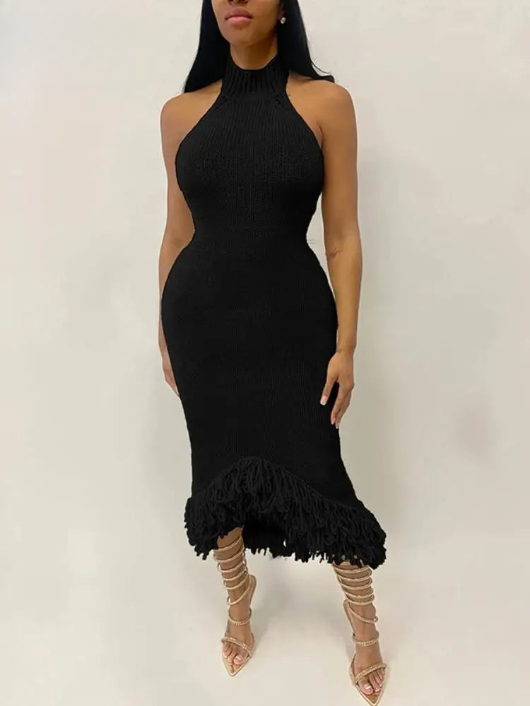 Tassel Hem Backless Knitted Party Dress - View 3 | VelvetHem