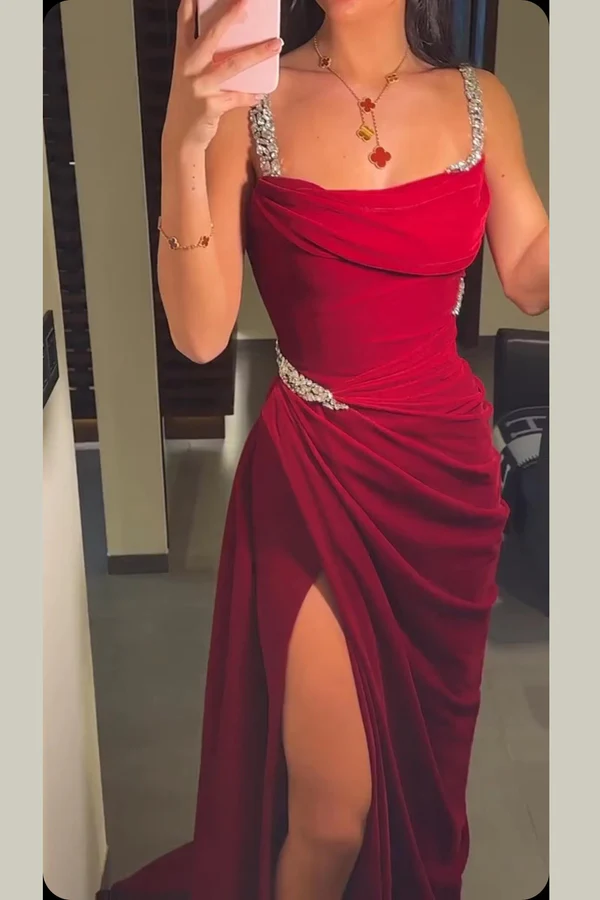 Fashion Burgundy Mermaid Pleated Prom Dress Slit Party Evening Gown - FashionDia