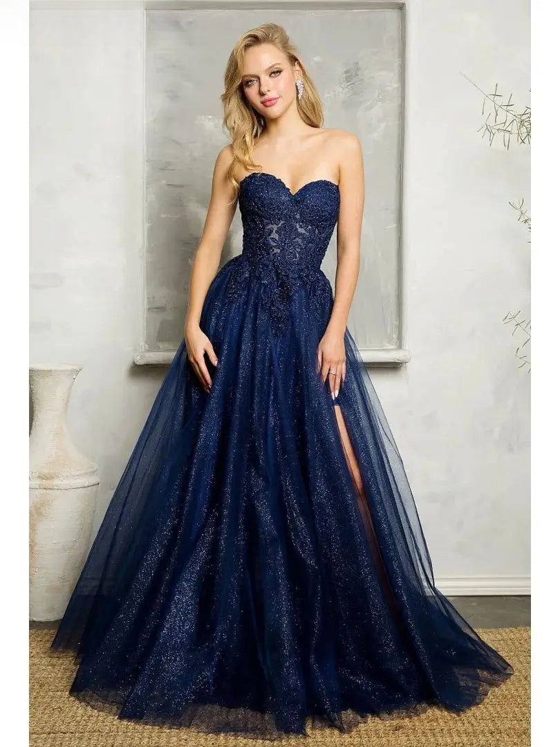 Navy Blue Lace Tulle Prom Dress - View 7 | VelvetHem