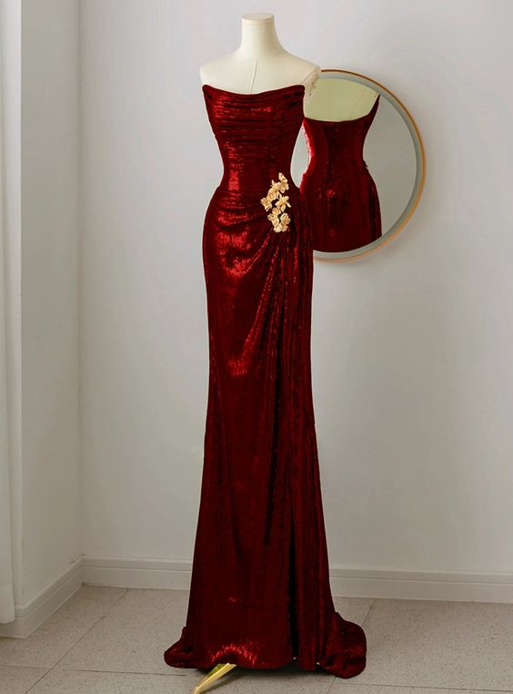 Charming Sequins Burgundy Strapless Long Evening Dress Mermaid Party Dress Prom Dress