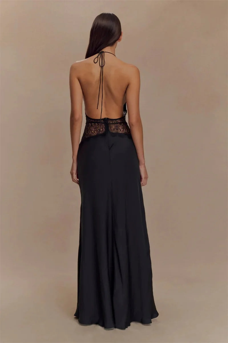 Lace Patchwork Backless Dress with Relaxed Fit and Streetwear Style