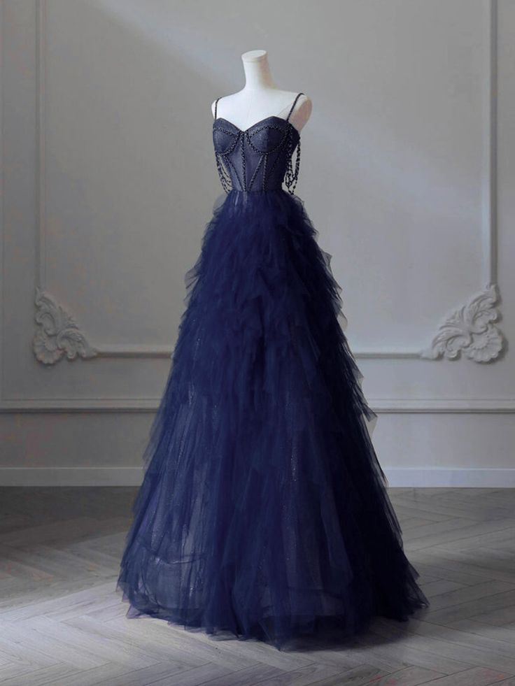 Pretty Sweetheart Neck Navy Blue Prom Dress, Tulle Beaded Long Graduation Dress Ball Gown - View 2 | FashionDia