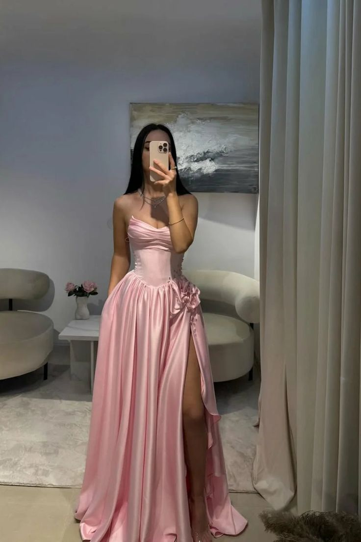 Baby Pink Sweetheart Satin Long Prom Dresses A-Line Party Dress