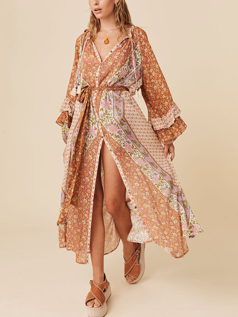 Unique Bohemian Print Long Sleeve Robe Midi Dress - Fashionpara
