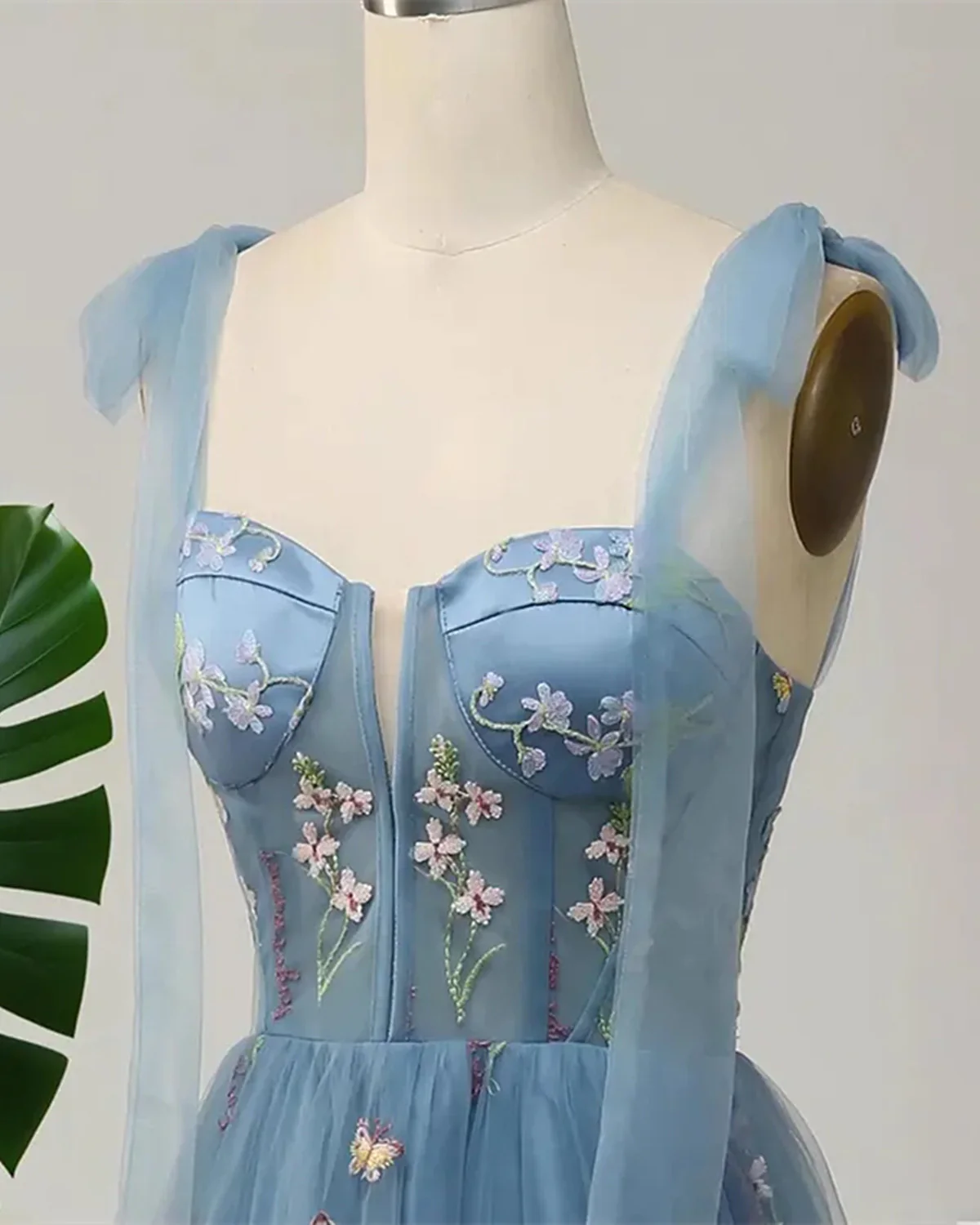 Blue Floral Embroidery Tulle Prom Dress, A-Line Fairy Gown Blue Party Dress - View 2 | FashionDia
