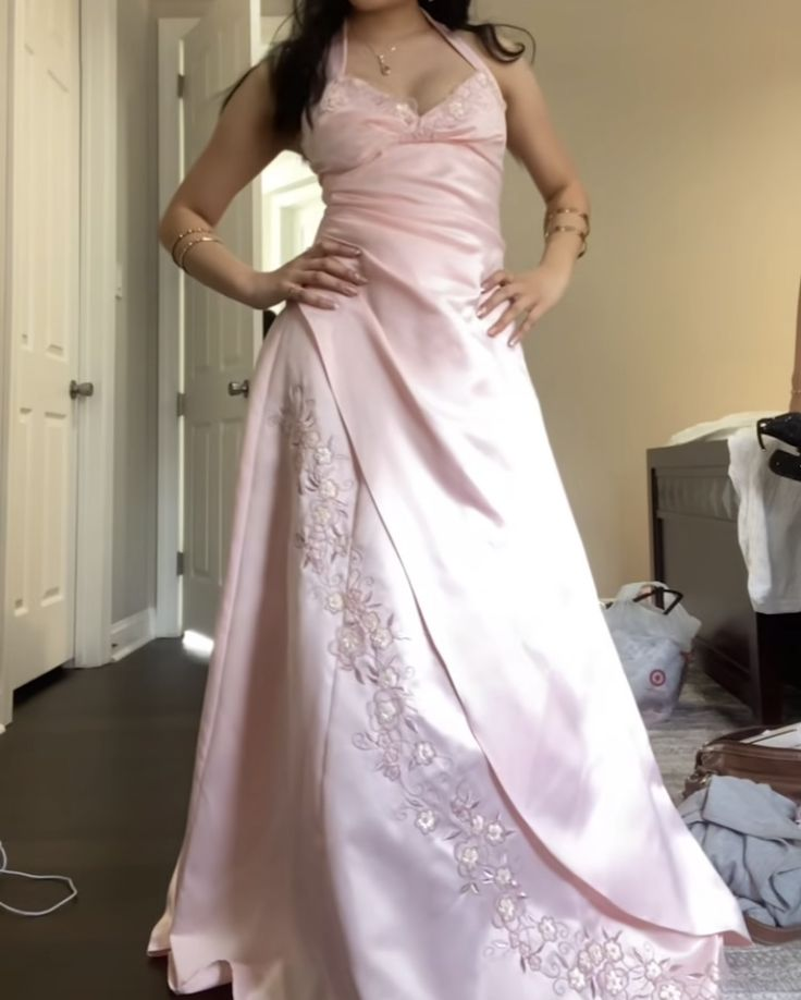 A-Line Pink Applique Long Prom Dress Satin Formal Evening Dress