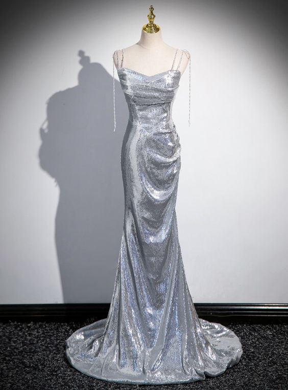 Charming Silver Mermaid Sequins Spaghetti Straps Pleated Prom Dress Long Party Dress