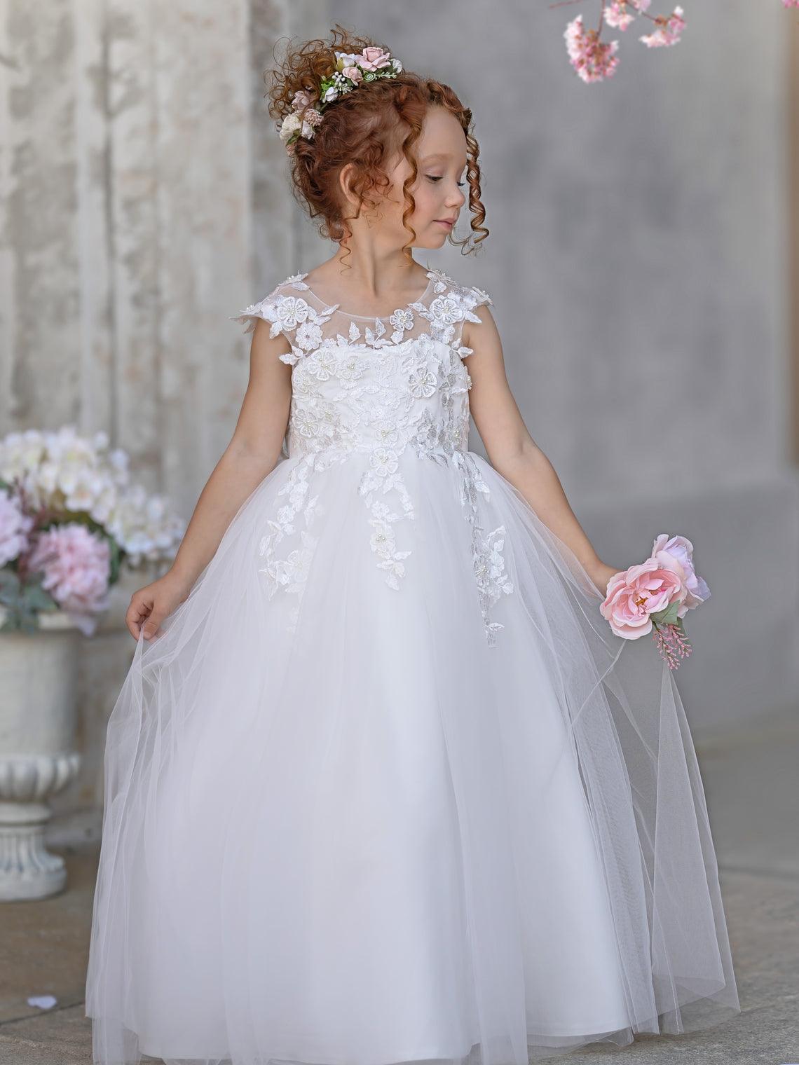 Ivory Princess Gown with Lace Appliques and Tulle Bow | Short Sleeve Ankle-Length Tulle Flower Girl Dress - View 4 | VelvetHem