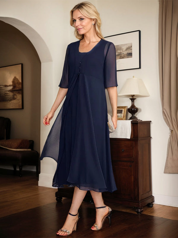 A-line Square Tea-Length Chiffon Mother of the Bride Dress