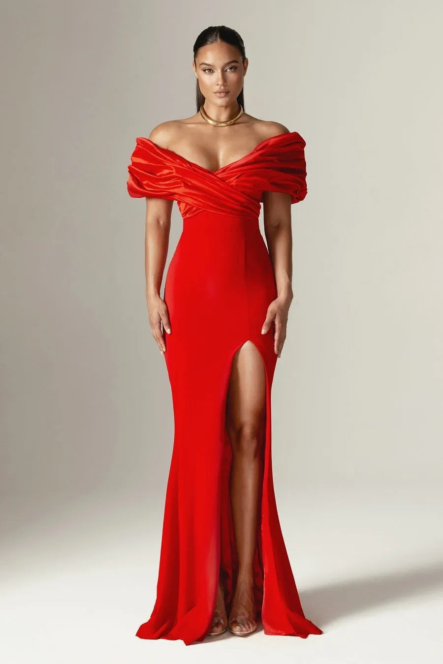 Off-Shoulder Ruched Slit Prom Dress - View 5 | VelvetHem
