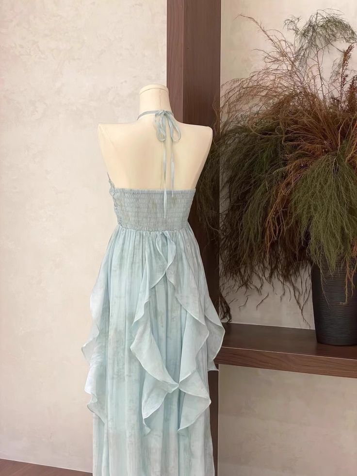 Cute Halter Ruffled Floral Prom Dress Blue Chiffon Long Vacation Dress