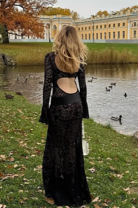 Bell Sleeve Backless Lace Dress - View 2 | VelvetHem